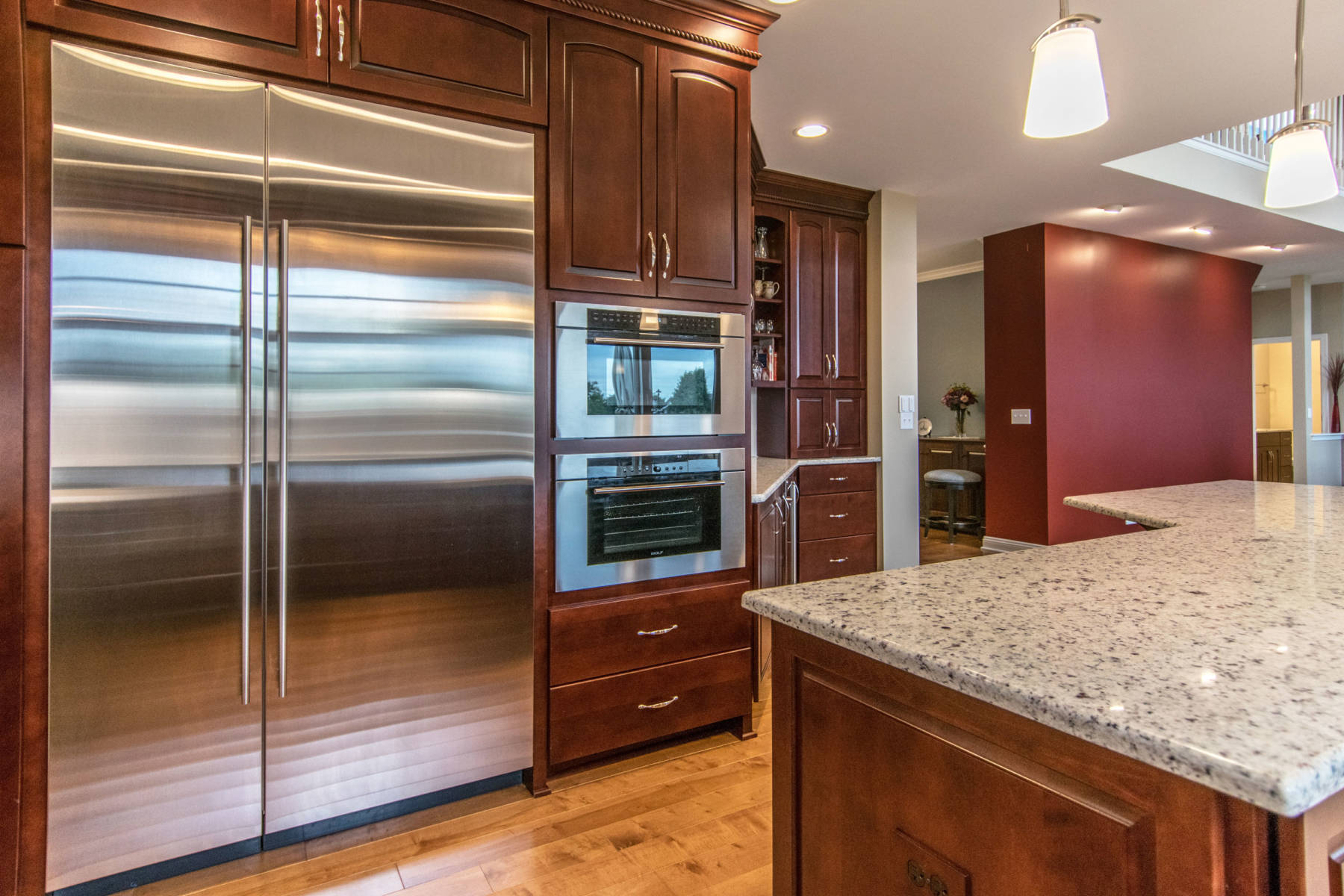 Kitchen with brown cabinets