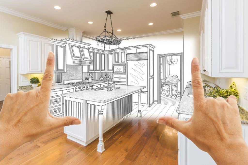Female Hands Framing Custom Kitchen Design Drawing and Square Photo Combination.