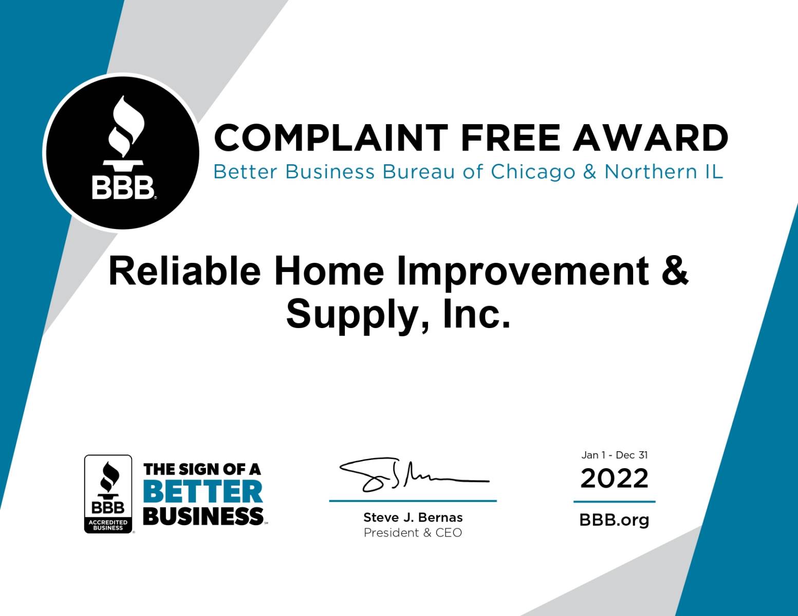 Complaint Free Award BBB 2022
