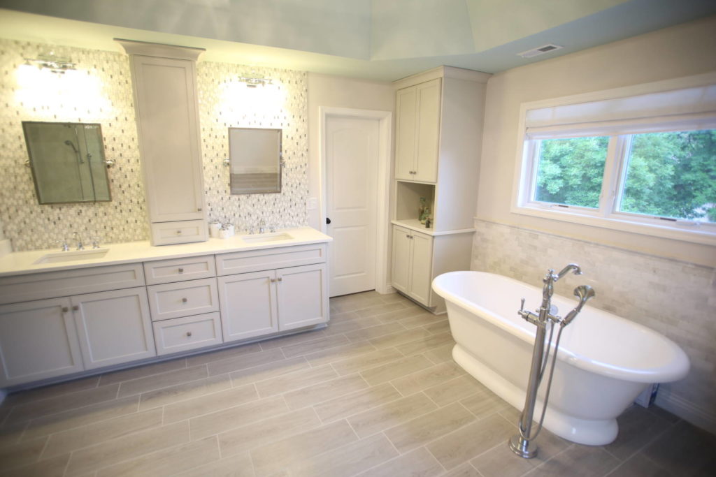 modern white master bathroom remodel