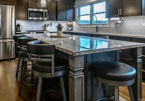 Remodeled kitchen with long center island