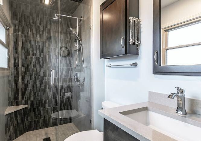 Remodeled bathroom with standing shower